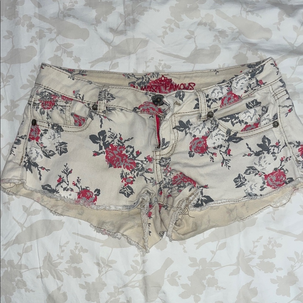 Almost Famous Cream and Pink Floral Jean Shorts
